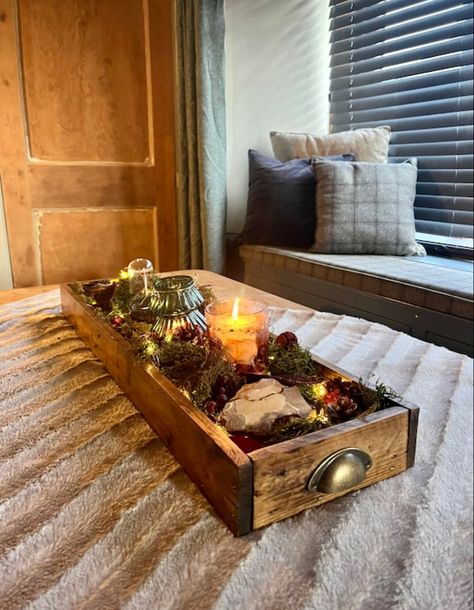 A solid wood centrepiece runner tray. Handcrafted in Scotland using reclaimed pallet wood Kitchen Table Centrepiece, Table Centre Pieces Home, Wooden Tray Ideas, Wooden Tray Decoration Ideas, Dining Table Centerpiece Tray, Wood Tray Decor, Dining Table Tray, Wooden Tray Decor, Dining Table Decor Centerpiece