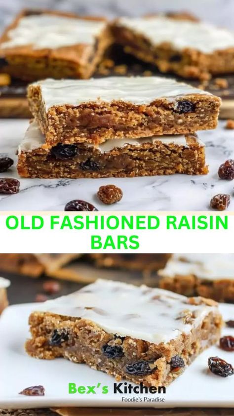 Old fashioned raisin bars – Bex’s Kitchen Raisin Spice Bars, Old Fashioned Raisin Bars, Raisin Squares Old Fashioned, Raisin Bars Old Fashioned, Oatmeal Raisin Bars Recipe, Raisin Bars Recipe, Raisin Squares Recipe, Raisin Squares, Raisin Bars