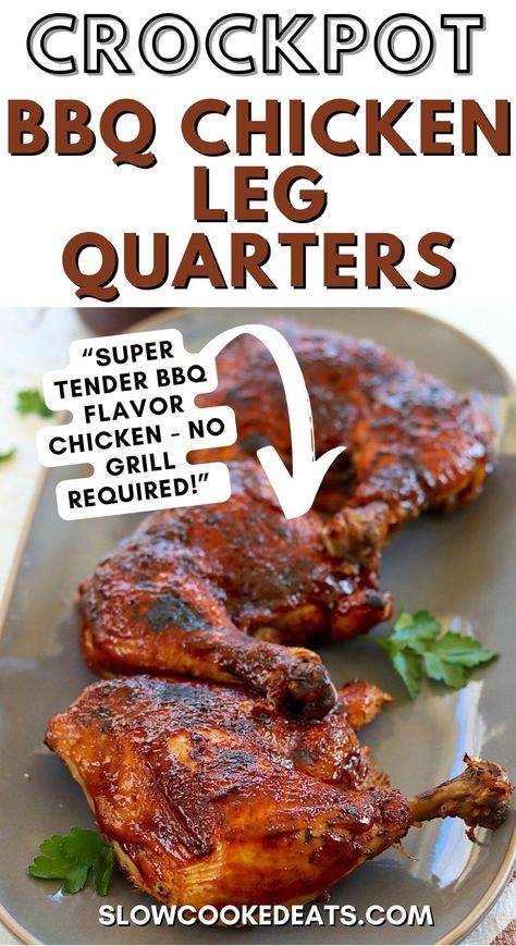 You will love these BBQ chicken leg quarters in the slow cooker! They're super tender and dry rubbed with a smokey, tangy, flavorful spice rub, slow cooked until they are juicy, and then basted in BBQ sauce and crisped to perfection - no grill required! Ready to make them? Crockpot Chicken Leg Quarters are so easy and the perfect weeknight dinner idea! Crockpot Leg Quarters, How To Cook Leg Quarters, Chicken Quarters In Crockpot, Recipes With Chicken Leg Quarters, Slow Cooker Leg Quarters, Recipes With Leg Quarters, Crockpot Chicken Quarters Slow Cooker, Chicken Leg Quarter Meals, Recipes For Chicken Leg Quarters