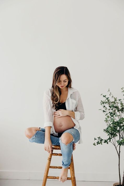 Gorgeous, indoor studio maternity photos with white button down oversized shirt and jeans, pregnancy boudoir Pregnant Photoshoot, Gender Reveal Outfit, Maternity Shoot Outfit, Studio Maternity Shoot, Studio Maternity Photos, Pregnancy Belly Photos, Maternity Photography Poses Couple, Maternity Photo Outfits, Shooting Studio