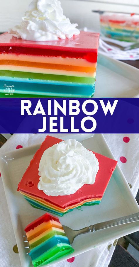 Layered Rainbow Jello (Vintage Recipe) 7 Layer Jello Salad, Layered Jello Salad Recipes, Pretty Jello Desserts, Jello Casserole, Jello Layer Cake, Ribbon Jello Salad, Jello Recipes For Easter, Layered Jello Recipe Cool Whip, Jello Layers How To Make