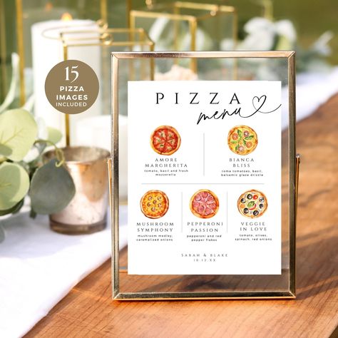 "🍕 Add a delicious twist to your wedding reception with our \"Pizza\" Bar Menu sign. This modern and minimalist design is the perfect addition to your wedding decor, featuring a customizable pizza menu for your guests to savor. This sign is editable and printable and you can choose your pizza image to suit your menu! ✨  ------------------------------------------------------------------------------ **Please note this is a digital product - nothing physical will be shipped to you. Once you have placed your order you will receive a link to edit your template online using the software Templett. No waiting for designers - get access immediately ------------------------------------------------------------------------------ ♥♥ TRY BEFORE YOU BUY, paste the link below into a new browser window : Wedding Pizza Buffet Ideas, Pizza Cart Wedding, Pizza Wedding Bar, Pizza Bar For Wedding, Pizza Station Wedding, Pizza And Wings Before The Rings, Pizza At Wedding Reception, Pizza Wedding Buffet, Pizza Buffet Wedding