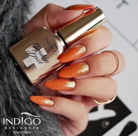 Unique Fall Nails Acrylic, Trendy Orange Nails Fall, Winter Orange Nails, Orange Black And Gold Nails, Orange Gold Nails Design, Orange Nails 2023, Fall Nails 2023 Orange, Sparkle Fall Nails, Orang And Gold Nails