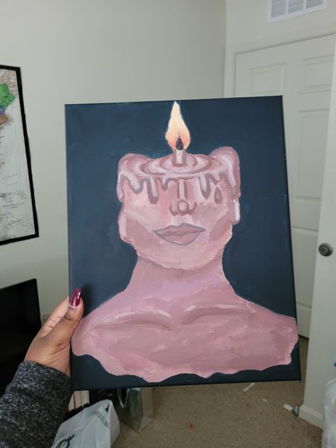 Painting of a woman-shaped candle that is melting, only her nose to her shoulders are untouched while the candle is burning 18th Birthday Candles, Candle Girl, Candle Drawing, Candle Canvas, Artwork Ideas, Canvas Drawings, Painted Candles, Mirror Painting, Painting Of Girl