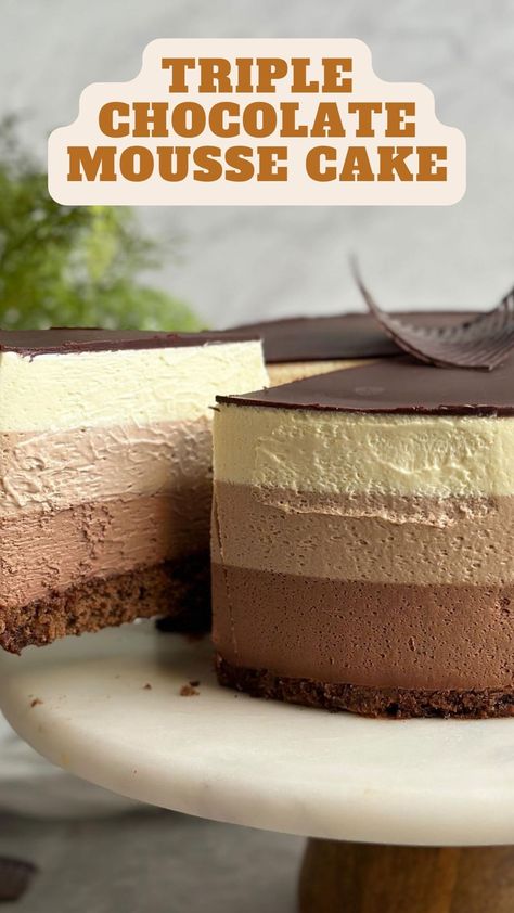 Triple Chocolate Mousse, Triple Chocolate Mousse Cake, Mousse Cake Recipe, Postre Keto, Chocolate Mousse Cake, Fall Dessert Recipes, Mousse Recipes, Triple Chocolate, Bakery Recipes