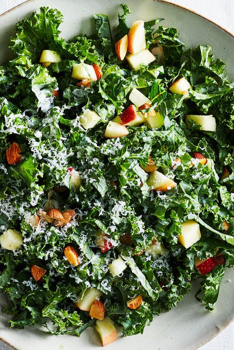 Kale Salad With Apples and Cheddar Recipe - NYT Cooking Cheddar Recipes, Cooking Fever, Garlic Kale, Thanksgiving Potluck, Apple Slaw, Kale Salad Recipes, Nyt Cooking, Toasted Almonds, Kale Salad