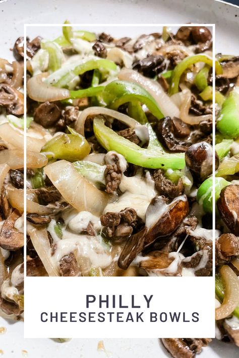 Philly Cheesesteak Bowls Philly Steak Bowl Keto, Philly Cheese Steak Over Rice, Philly Cheese Steak Meal Prep Bowls, High Protein Philly Cheesesteak, Steak And Cheese Bowl, Philly Cheesesteak Meal Prep Bowls, Low Carb Philly Cheesesteak Bowl, Philly Cheese Steak Dinner, Ground Beef Philly Cheese Steak Bowl