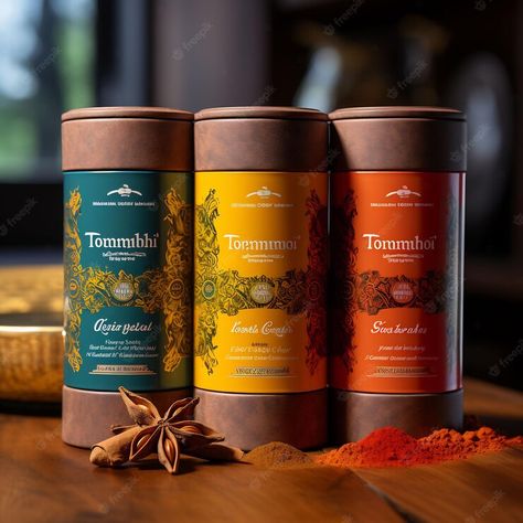 Premium AI Image | three cans of tea one of which has the word tea on it India Spice, Spices Jar, Indian Poster, Spices Packaging, Premium Spices, Masala Tea, Spice Jar Labels, Spice Set, Creative Poster