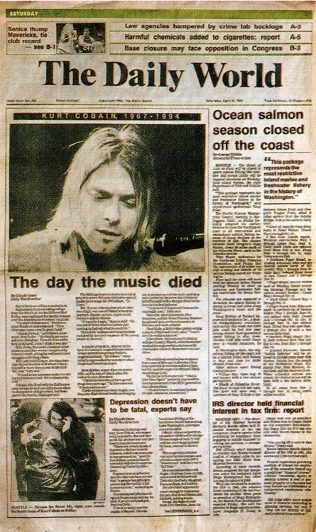 Kurt Cobain in The Daily World "The day the music died" :'( it's so sad he died so early but at least he left tons of amazing songs to listen to R.I.P. Kurt The Day The Music Died, Nirvana Poster, Donald Cobain, Nirvana Kurt Cobain, Nirvana Kurt, 90s Music, Dave Grohl, Band Posters, Foo Fighters