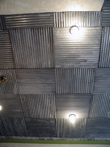 Image Corrugated Metal Ceiling, Corrugated Tin Ceiling, Garage Ceiling Storage, Drop Ceiling Tiles, Corrugated Tin, Ceiling Storage, Basement Ceiling, Dropped Ceiling, Corrugated Metal