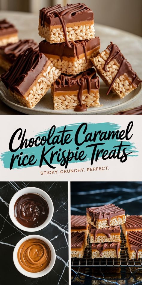 A collage of chocolate caramel Rice Krispie treats, including a plate with stacked treats and bowls of melted chocolate and caramel. Highlighting the preparation process and finished dessert. Keywords: Rice Krispie treat collage, caramel and chocolate bowls, dessert preparation, stacked treats. Candy Bar Rice Krispie Treats, Rice Crispy Millionaire Bars, Millionaire Rice Krispie Treats, Caramel Chocolate Rice Krispie Treats, Carmel Rice Crispy Treat, Rice Krispie Millionaire Bars, Caramel Marshmallow Rice Krispie Balls, Rice Crispy Recipes, Gourmet Rice Krispie Treats