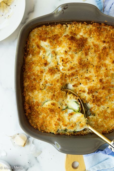 Looking for great zucchini dinner recipes to make the most of your late summer harvest? Check out this cheesy zucchini casserole recipe! With a white cheddar sauce, garlic, green onions, and a parmesan panko topping, there's nothing not to love about this delicious zucchini side dish recipe. All this to your list of must-try zucchini recipes today! #zucchini #zucchinidinnerrecipes #zucchinicasserole White Cheddar Sauce, Cheesy Zucchini Casserole, Zucchini Side Dish, Zucchini Side Dish Recipes, Zucchini Dinner, Zucchini Dinner Recipes, Zucchini Cheddar, Cheddar Sauce, Cheddar Recipes