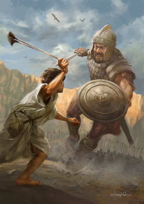 ArtStation - David and Goliath, Joseph Qiu Bible Illustrations Art, Biblical Artwork, Bible Artwork, Bible Drawing, Afrique Art, David And Goliath, Bible Images, Bible Illustrations, Jesus Christ Art