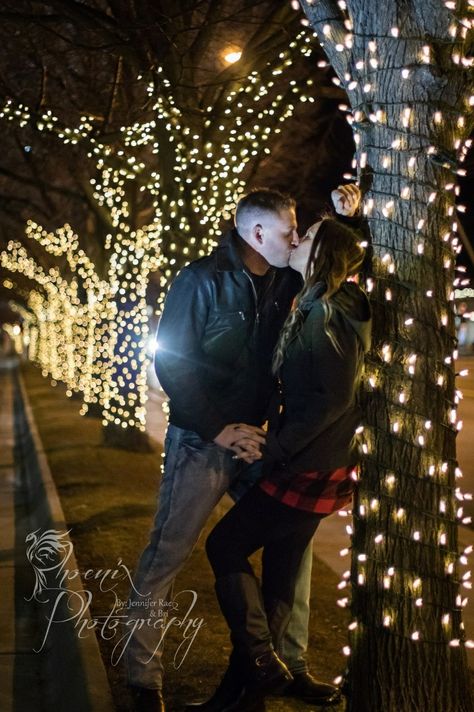 Christmas lights engagement photos with Phoenix Photography Christmas Lights Engagement, Couples Christmas Lights Pictures, Christmas Lights Couple Pictures, Christmas Lights Photography, Christmas Lights Photoshoot, Nighttime Photos, Xmas Photoshoot, Outdoor Christmas Photos, Christmas Light Photography