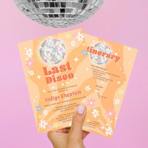 Groovy retro disco floral bachelorette weekend invitation | #80'sdiscoball #whitestars #cutehippiefloraldaisies #retrogroovylastdisco #retrobacheloretteweekendparty #groovydiscogirlsnightout #lastdiscotypography #earthtoneterracottaorange #yellowgroovyswirls #retrobacheloretteweekends Disco Party Birthday, Floral Bachelorette, Last Disco, Bachelorette Weekend Invitations, Retro Disco, Bachelorette Invitations, Hippie Flowers, Weekend Party, Groovy Retro