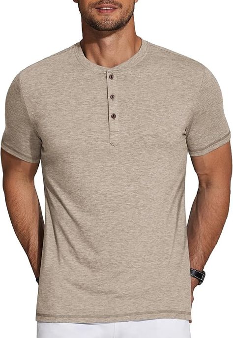 COOFANDY Men's Short Sleeve Henley Shirts Basic Tee Summer Solid Button T Shirts Lightweight Shirts Khaki | Amazon.com Mens Clothing Brands, Button Shirts, Henley Shirt Men, Shirts Short Sleeve, Style Formal, Mens Henley, Business Wear, Mens Linen, Athletic Workout