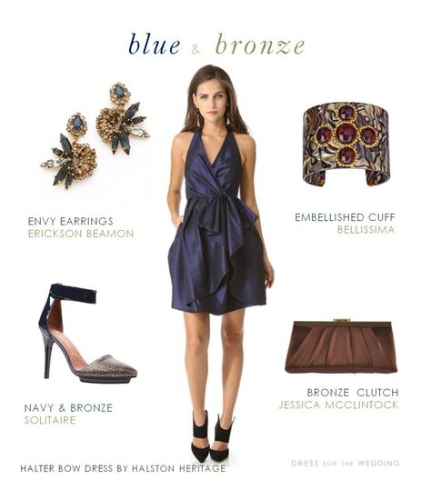 Navy blue and bronze dress for a wedding Navy Dress Wedding, Navy Dress Accessories, Dark Blue Dresses, Navy Wedding Dress, Blue Dress Accessories, Navy Dress Outfits, Blue And Bronze, Bronze Dress, Bronze Accessories