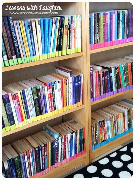 Color-Coded Classroom Library Organization - Lessons With Laughter Ar Book Organization Classroom Libraries, Book Spine Labels, Classroom Library Labels, Classroom Libraries, Classroom Library Organization, Teaching Organization, Erasable Pen, Classroom Tour, Class Library