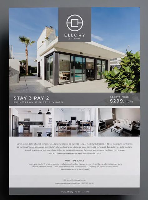 Hotel Flyer Template InDesign INDD Hotel Flyer, Ad Layout, Modern Homes For Sale, Real Estate Advertising, Portfolio Design Layout, Graphic Design Ads, Property Design, Flyer And Poster Design, Hotel Stay