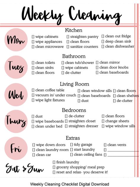 Weekly Cleaning Checklist Digital Download. This is NOT editable. Simple easy cleaning checklist. Perfect for getting into a routine after the kids go back to school! #lifehacks Cleaning Baseboards, Weekly Cleaning Checklist, Deep Cleaning Checklist, House Cleaning Checklist, How To Clean Mirrors, Weekly Cleaning, Cleaning List, Household Cleaning Tips, Daily Cleaning