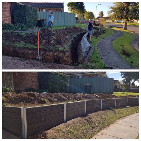 Concrete Sleeper Retaining Walls, Sleeper Retaining Wall, Retaining Wall Steps, Concrete Sleepers, House Redo, Support Wall, Front Yard Landscaping Ideas, Yard Landscaping Ideas, Front House Landscaping