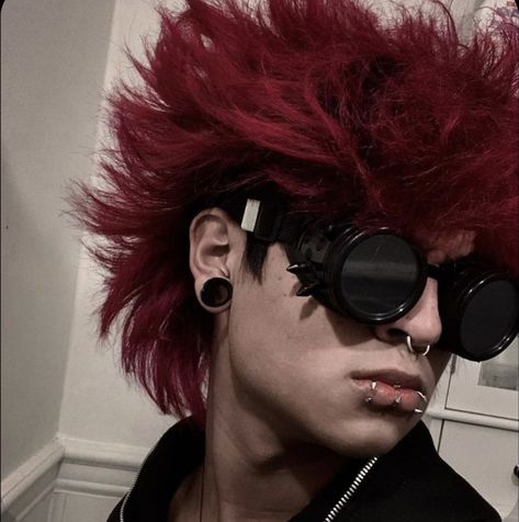 Punk Fashion Inspiration, Men In Fishnets, Mohawk Front View, Red Alt Hair, Person Looking Down, Short Hair Inspiration, Trendy Short Hairstyles, Male Oc, Hairstyles And Haircuts