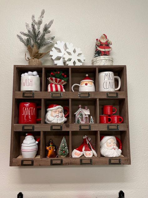 Cubby Shelves Decor, Wall Cubby Decor, Christmas Mug Display, Cubby Shelf Decor, Santa Mugs Display, Cubby Decor, Wall Cubby Shelf, Hobby Lobby Christmas 2022, Santa Mug Collection Display