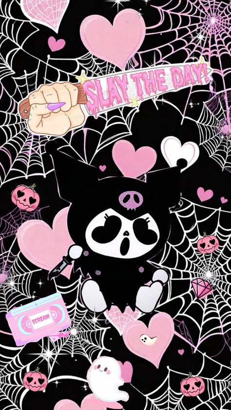 #kuromi #kuromiwallpaper #hellokitty #hellokittyaesthetic #spooky #spookyhalloween #pinkhalloween #cutehalloween #halloweenwallpaper #pinkaesthetic #pinkwallpaper #pinkandblack #halloween #scream Hello Kitty With Kuromi, Kuromi Grunge Wallpaper, Kuromi Wallpaper Halloween, Wallpaper Backgrounds Goth, Kuromi Halloween Wallpaper, Spooky Hello Kitty, Halloween Kuromi, Lockscreen Y2k, Scream Wallpapers