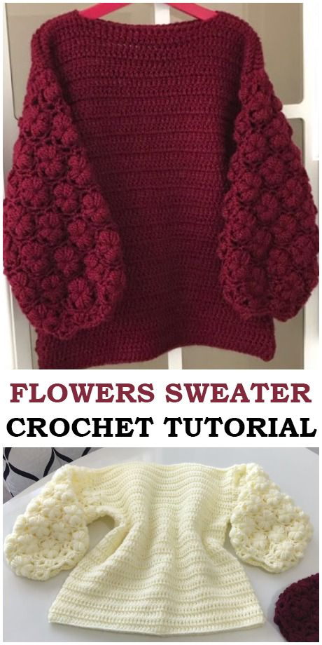 Crochet Flower Sleeves, Crochet Flower Sweater Pattern Free, Crochet Flowers On Sweater, Crochet Christmas Sweaters, Crochet Flower Sweater Pattern, Flower Sweater Crochet Pattern, Crochet Christmas Sweater Pattern, Flower Sweater Crochet, Crochet Patterns For Sweaters