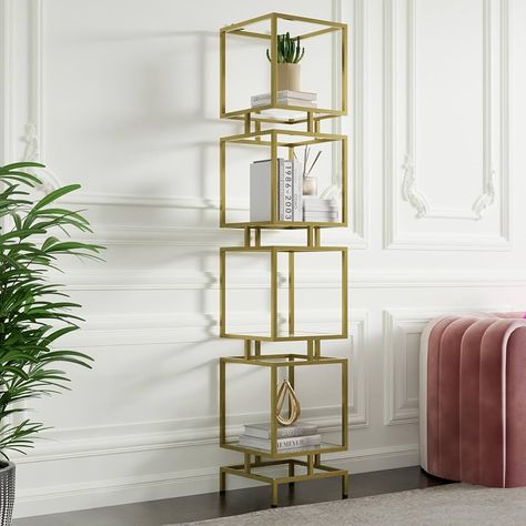 Amazon.com: Cozy Castle Etagere Bookcase, 4-Tier Tall Bookshelf, 70.5" Slim Shelving Unit for Living Room, Home Office, Bathroom, Tempered Glass Display Cabinet, Gold Metal Frame : Home & Kitchen Cozy Castle, Glass Display Shelves, Gold Office Decor, Tall Bookshelf, College House Decor, Gold Living Room Decor, Glass Display Cabinet, Tall Bookshelves, Classy Living Room