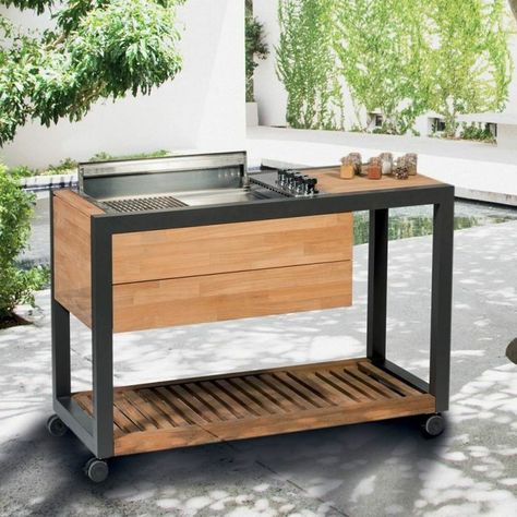 Outdoor Grill Island, Grill Island, Mobile Kitchen, Cast Iron Griddle, Outdoor Bbq Kitchen, Kitchen Trolley, Bbq Kitchen, Large Plates, Teak Outdoor