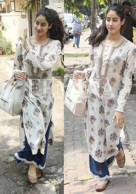 Janhvi Kapoor desi style | Femina.in Kurta With Palazzo, Indian Kurti Designs, Indian Designer Suits, Simple Kurta Designs, Janhvi Kapoor, Simple Kurti Designs, Casual Indian Fashion, Desi Fashion Casual, Casual College Outfits