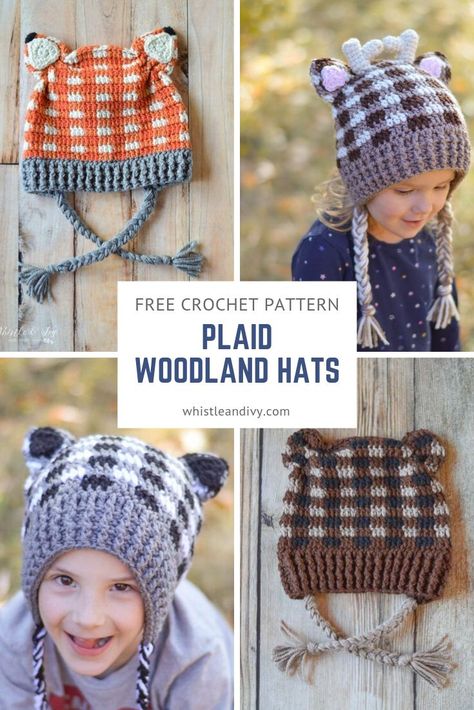 Crochet Woodland, Crochet Plaid, Easy Crochet Hat Patterns, Crochet Animal Hats, Plaid Crochet, Crochet Deer, Easy Crochet Hat, Crochet Kids Hats, Crochet Kids