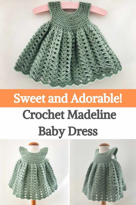 Learn how to make this beautiful crochet piece for your little one! This might seem complicated, but it can be done very well for a beginner crochet star, but don't worry, the video tutorial below is explained step by step. Can you imagine your baby in this cute dress? The size is for a 0-6-month-old baby (chest size is approximately 19 ½ inches / 50 cm). The materials you will need to make the Madeline dress are Lana Aran (10 medium layers) (130 g = 314 meters) in pastel mint color, or in... Crochet Baby Girls, Crochet Baby Dress Free Pattern, Vestidos Bebe Crochet, Girls Frocks, Crochet Baby Girl Dress, Crochet Baby Dress Pattern, Baby Frock Pattern, Crochet Romper