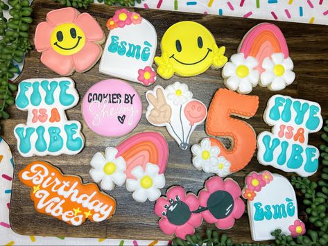 Five Is A Vibe Birthday Party Cookies, Smiley Face Birthday Cookies, Five Is A Vibe Cake Ideas, Seven Is A Vibe Birthday Party, Vibing Thriving And Three Birthday, Five Is A Vibe Cupcakes, 5 Is The Vibe Birthday, 5 Is A Vibe Cupcakes, 5 Is A Vibe Cookies