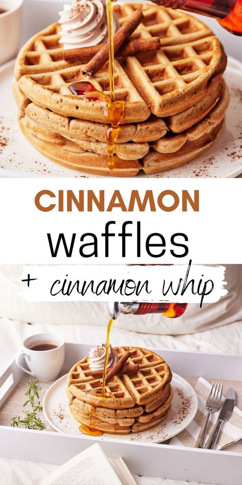 Cinnamon Waffles Recipe, Waffles Brunch, Fall Waffles, Apple Cinnamon Waffles, Weekend Breakfast Recipes, Cinnamon Whipped Cream, Cinnamon Waffles, Easy Waffle Recipe, Cinnamon Roll Waffles