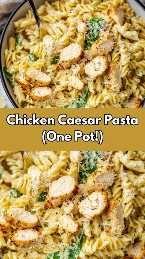 Whip up a delicious and creamy Chicken Caesar Pasta in just one pot! This easy dinner recipe features tender chicken marinated in Caesar dressing, tossed with angel hair pasta in a rich, tangy sauce made with Parmesan Caesar Chicken Pasta, Chicken Caesar Recipes, Pasta Meal Ideas, Pasta Dinner Recipes Chicken, Pasta One Pot, Caesar Recipe, Chicken Scallopini, Chicken Caesar Pasta, Caesar Pasta