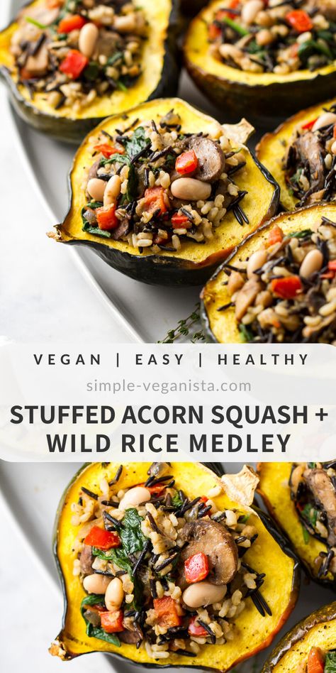 Stuffed Acorn Squash with Wild Rice Medley is a fun and festive vegan fall recipe featuring tender roasted squash, wild rice, mushrooms, spinach and thyme! #stuffedsquash #veganrecipes #fall #healthyrecipes Acorn Squash Wild Rice, Stuffed Acorn Squash, Fall Vegan Recipes, Acorn Squash Recipes, Fall Recipe, Clean Diet, Low Carb Vegan, Roasted Squash, Vegan Thanksgiving