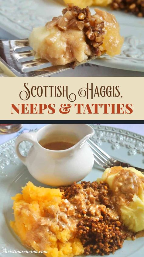 Haggis, neeps and tatties served on a plate is an easy, Scottish comfort food. Serve plain, or with a quick whisky sauce for Burns Night. Whiskey Sauce For Haggis, Scottish Dishes Traditional, Scottish Recipes Traditional, Scottish Rumbledethumps, Neeps Tatties, Burns Night Menu, Scottish Dinner, Burns Night Recipes, Scottish Scran