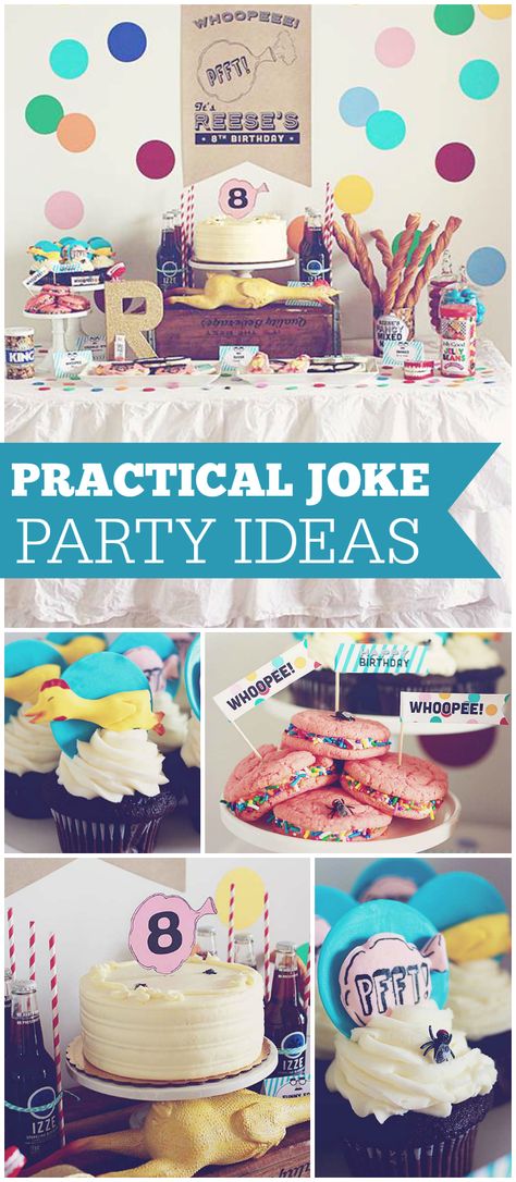 What a funny party! Lots of jokes and gags! See more party planning ideas at CatchMyParty.com! Joke Party Theme, Party Planning Ideas, Party Essentials, Party Inspo, Practical Jokes, Theme Parties, Party Funny, Little Monkeys, Boy Birthday Party