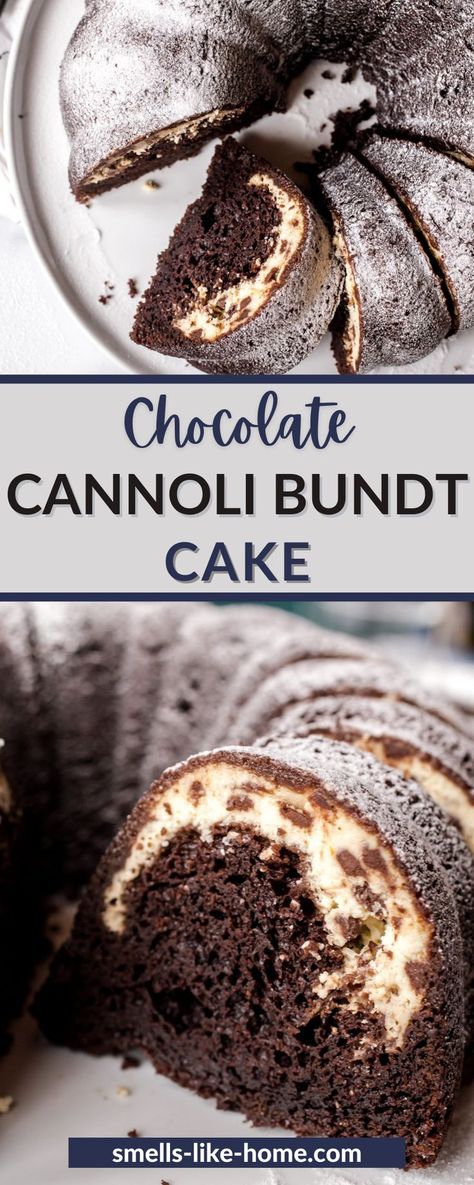 Dessert Bundt Cake Recipes, Cream Filled Bundt Cake Recipes, Italian Bundt Cake Recipes, Pudding Filled Bundt Cake Recipes, Ricotta Bundt Cake Recipes, Chocolate Cannoli Cake, Cannoli Bundt Cake, Easy Cannoli Cake, Bundt Cake With Filling