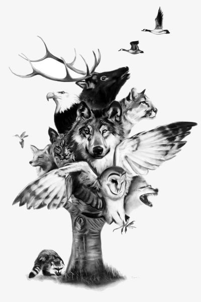 Marvin Plummer Totem Art Multiple Animal Tattoo, Wolf Totem Tattoo, Totem Pole Tattoo, Spirit Animal Tattoo, Coyote Tattoo, Natur Tattoo Arm, Totem Art, Paper Nest, Badass Drawings