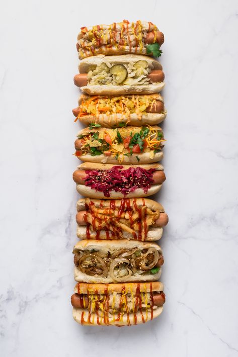 Creative Hot dogs Hot Dog Photoshoot, Hot Dog Restaurant, Types Of Hot Dogs, Hot Dog Restaurant Design, Hot Dogs Photography, Hot Dog Photography, Best Hot Dogs, Hot Dog Aesthetic, Foodtrucks Ideas Food