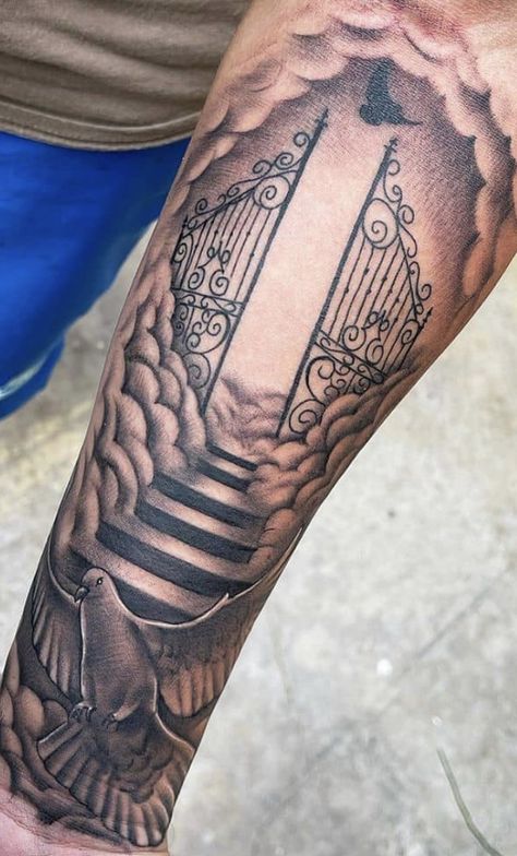 Stairs To Heaven Tattoo, Gates Of Heaven Tattoo, Xmen Tattoo, Stairway To Heaven Tattoo, Rip Tattoos For Dad, Religious Tattoo Sleeves, Cloud Tattoo Sleeve, Rip Tattoo, Polka Tattoo