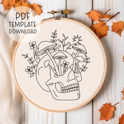 Skull Embroidery Pattern Download, Mushrooms Embroidery Art, Gothic Embroidery Spooky Season, Fall DIY Halloween Crafts, Goth Embroidery Skull Embroidery Pattern Free, Free Halloween Embroidery Patterns, Goth Embroidery Patterns, Gothic Embroidery Patterns, Possum Embroidery, Embroidery Spooky, Skull Embroidery Pattern, Hand Embroidery Patterns Free Templates, Embroidery Patterns Free Printables