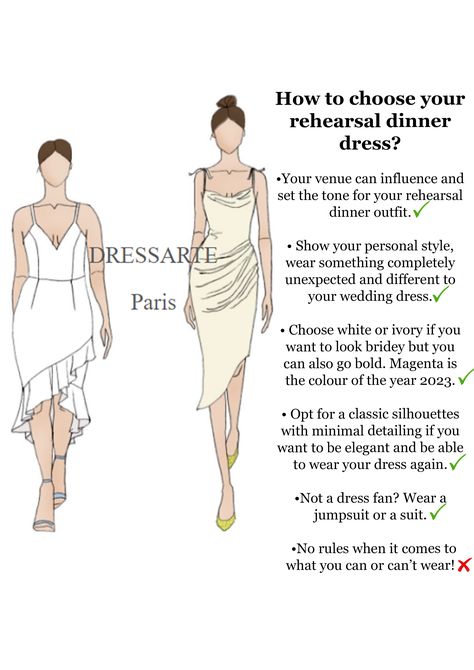 You probably know the drill by now, but let's start de board with a guide to help you choose your rehearsal dinenr dress. And don't forget, we are here to custom-make it. #rehearsaldinnerdress #rehearsaldress #weddingdress #custommade Rehearsal Dinner Dress, Dinner Dresses, Rehearsal Dinner Outfits, Dresses Design, Rehearsal Dinner Dresses, Rehearsal Dress, Dinner Outfits, Wedding Rehearsal, Dinner Dress