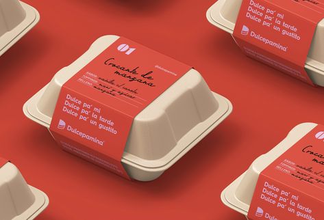 Kisho - - World Brand Design Society / For Dulcepamina a versatile and intimate graphic system was designed at the communication level. The labels on the packages suggest that there may be a human part in them, writing down the name of the dessert, as well as the inputs that each sweet carries. If we talk about the color palette, we highlight the red that par excellence has very positive... Food Box Sleeve Packaging Design, Personalized Food Packaging, Cute Dessert Packaging, Box Sleeve Design, Sleeve Packaging Design, Dessert Color Palette, Grocery Branding, Dessert Branding, Dessert Packaging Design