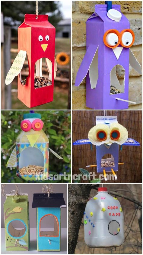 Recycled Crafts Bird Feeder, Craft With Milk Carton, Diy Bird Feeder Milk Carton, Milk Carton Birdhouse, Bird Feeders Recycled Materials, Milk Bottle Bird Feeder, Bird Feeder From Recycled Materials, Reciclyng Ideas Kids, Bird Feeders For Kids To Make Recycling