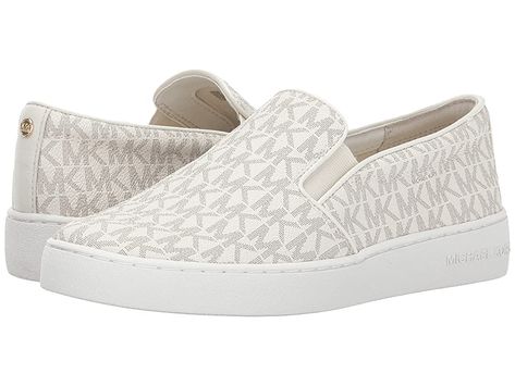 MICHAEL Michael Kors Keaton Slip-On (Vanilla Mini MK Logo Coated Canvas/Suprema Nappa Sport) Women's Slip on  Shoes. Lift up your casual look in the Keaton Slip On from MICHAEL Michael Kors. Logo PVC upper. Easy slip-on wear. Closed-toe sneaker. Elastic gore panels on side. Synthetic lining. Lightly padded footbed. Rubber outsole. Imported. Measurements: Weight: 13 oz Product measurements were taken using size 9  width M. Plea #MICHAELMichaelKors #Shoes #ClosedFootwear #SliponCasual #White Michael Kors Slip On, Mk Shoes, Simple Work Outfits, Simple Work, Michael Kors Logo, Women's Slip On Shoes, Mk Logo, Michael Kors Shoes, Work Outfits