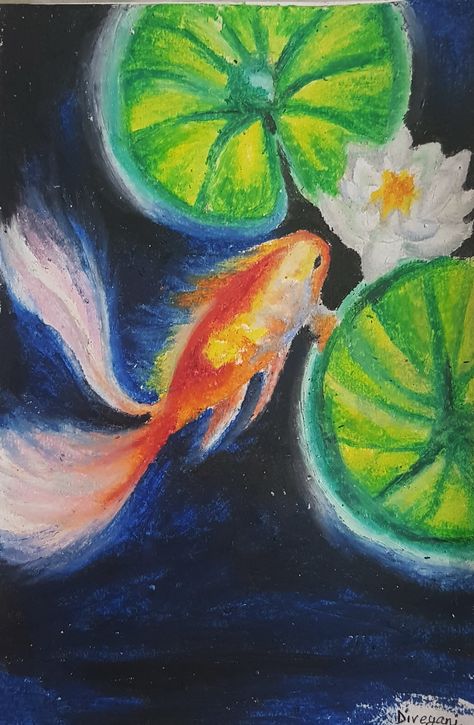 Koi Fish Drawing done with Oil pastel colours. Koi Fish Drawing Oil Pastel, Koi Oil Pastel, Fish Crayon Drawing, Fish Drawing Oil Pastel, Drawing With Painting Colours, Drawing With Pastel Colors, Colourful Fish Drawing, Drawing With Chalk Pastels, Pastel Oil Drawing Easy